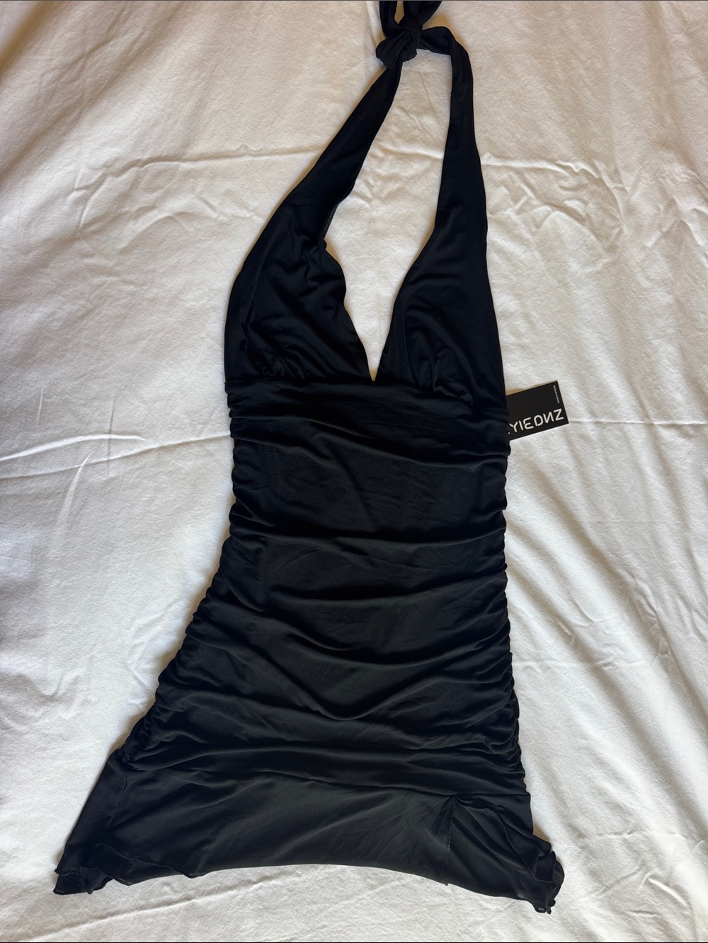 Black Halter Ruched Mini Dress by